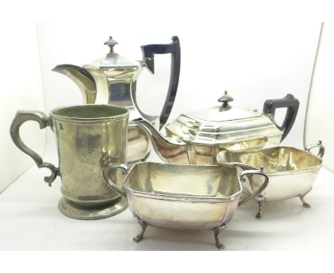 A four piece plated tea service and a pewter pint tankard