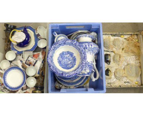 A collection of blue and white china including Willow Pattern and a  Mason's bowl, a pair of spelter figures, a lacquered tea