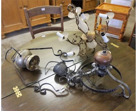 A Gilt Metal Ceiling Light, with cut glass pans, 41cm high, also with two other ceiling lights, (3) 