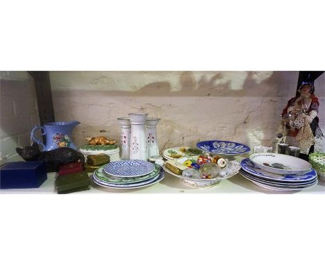 A Mixed Lot Of Victorian & Later Plates & Pottery, to include a Bretby cat figure, Pearlware comport, game dish, glass paperw