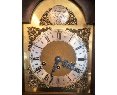 A Mahogany Cased Grandmother Clock By Tempus Fugit, with a silvered and gilded dial, with Roman numerals, decorated with gilt