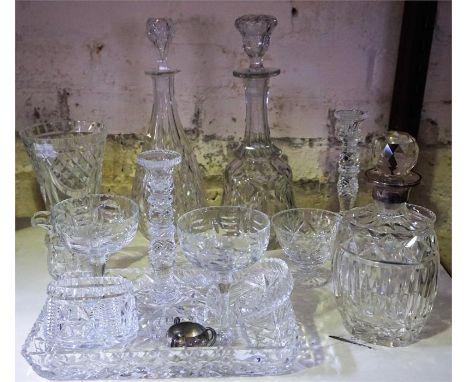 A Quantity Of Crystal Wares, to include a silver necked decanter, decanters, vases and glasses, also with a silver condiment,