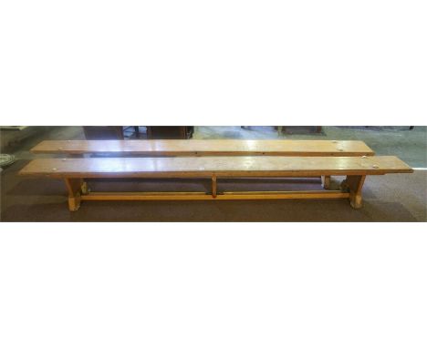 Two Vintage School Benches, with rectangular plank top, 274cm long, 24cm deep, (2)