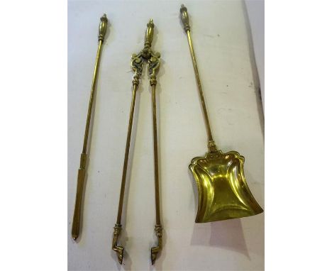 Three Vintage Brass Fire Irons, Comprising of a shovel, tongs and poker, (3)
