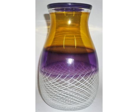 Mike Hunter "Twists" Lead Crystal Vase, Scottish Studio Vetri Vase, coloured in two tone amber and amethyst, above a white ca