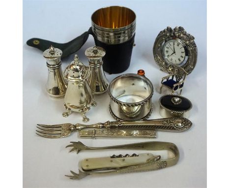 A Mixed Lot Of Silver Items, to include three assorted silver pepper pots, a Scottish silver napkin ring with a citrine mount