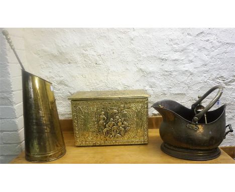 A Mixed Lot Of Vintage Brass Wares, to include a brass coal helmet, coal box, fire irons etc, (a lot)