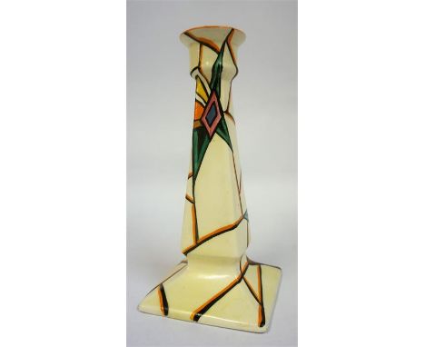 A Clarice Cliff "Latona" Pattern Bizarre Candlestick, circa 1935, repaired to base, 21cm high Condition report Has restored d