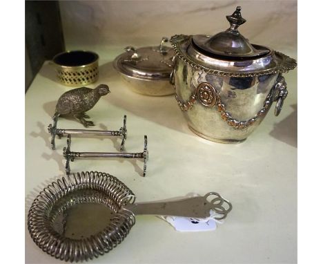A Small Quantity Of Silver Plated Wares, to include a strainer, pair of knife rests, sucrier, bowl with cover etc, (8)