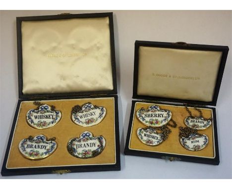 Two Sets Of Four Ceramic Spirit Labels By T Goode & Co for Crown Staffordshire, to include labels for Whisky, Brandy and Rum,