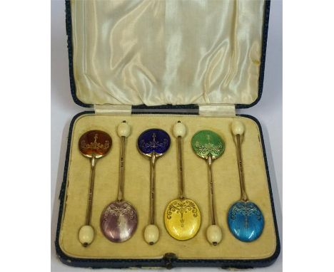 A Set Of Six Silver & Harlequin Enamel Coffee Spoons, with bean top terminals, hallmarks for Birmingham 1936, in fitted case 