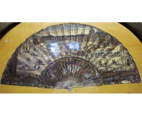 An Antique French Chromo Lithograph On Wood Jigsaw Puzzle, in the form of a fan, depicting a scene from Versailles, 20 x 42cm