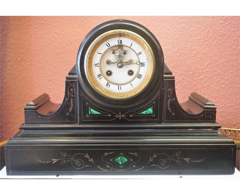 A Late Victorian French Black Slate Drum Head Mantel Clock, with malachite decoration, the twin train movement is striking on