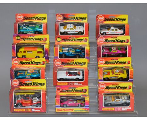 12 x Matchbox Speed Kings: K-24 Lamborghini Miura; K-27 Camping Cruiser; K-51 Barracuda; K-52 Datsun 240 Z; K-53 Hot Fire Eng