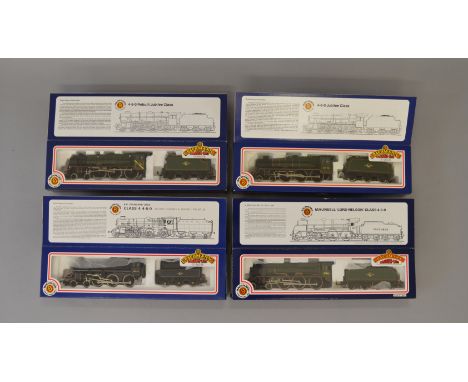 OO Gauge. Bachmann. 4 x locomotives. BR Lord Nelson "Lord Anson", BR standard class 4 No.75020, BR Jubilee "Bahamas" & BR re-