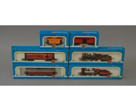 OO Gauge/Ho scale. Airfix 2 x American outline locomotives, together with 4 assorted rolling stock. Overall G boxed.