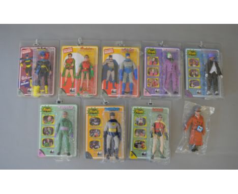 Nine Figures Toy Co Batman Mego style retro action figures: Classic TV Series 3 Robin; Classic TV Series 3 Batman; Classic TV