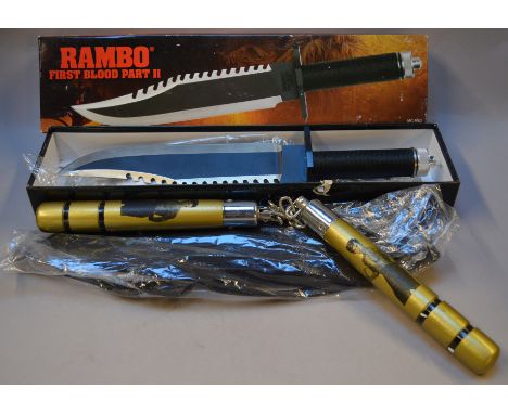 Master Cutlery MC-RB2 Rambo First Blood Part II Knife. VG, boxed. Together with an unboxed Bruce Lee nunchuck. (2)