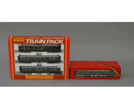OO Gauge Hornby. 2 x DMU packs. R.369 class 110 3-car unit & R.127 Diesel power car & trailer coach. All VG boxed.