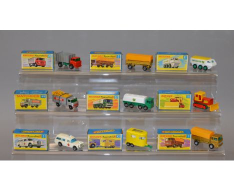 Nine Lesney Matchbox diecast models, mostly Superfast: #26 GMC Tipper Truck; #11 Scaffolding Truck; #43 Pony Trailer; #2 Merc