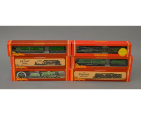 OO Gauge Hornby. 6 x locomotives. 2 x R.866 SR "Fighter Pilot", R.084 BR schools "Clifton", R.380 SR schools "Stowe", R.074 B