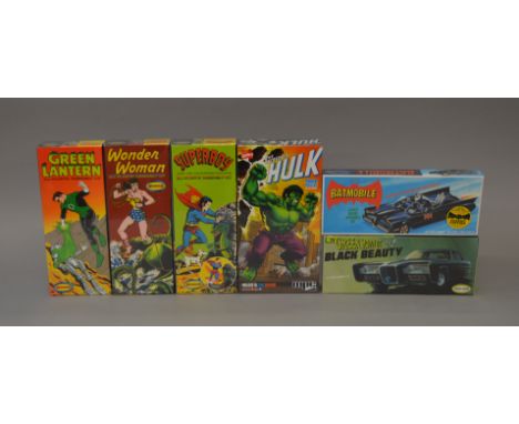 Six superhero related plastic model kits: Polar Lights Batman Batmobile Classic Edition; Polar Lights The Green Hornet Black 
