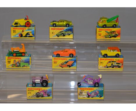 Eight Lesney Matchbox Superfast diecast models: #38 Stingeroo; #12 Big Bull; #74 Toe Joe; #18 Field Car; #21 Rod Roller; #53 