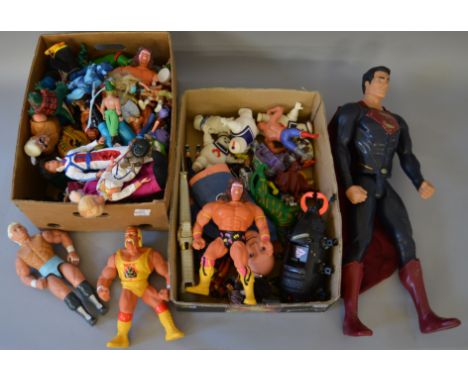 Mixed lot of toys, mostly action figures, 1980s-1990s, includes: LJN Thundercats; Mattel Masters of the Universe; Hasbro WWF;