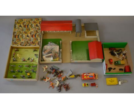 Mixed lot including Britains farm, Budgie Noddy Train, Morestone pistol vintage diecast and novelty pencil sharpeners.