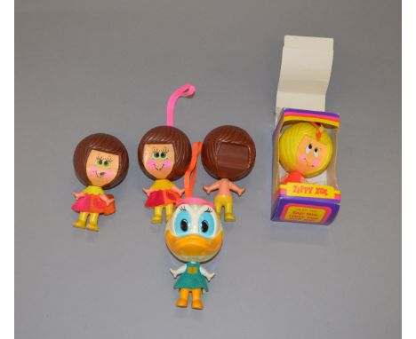 Five Mattel/Burbank Toys Talk Ups: Zippy Zoe, VG in F box; three brunette dolls, one missing face sticker, clothing and cord 