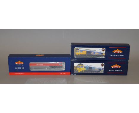 OO Gauge. Bachmann 3 x DCC ready Class 66 diesel locomotives. Various liveries. No's 66610, 66701 & 66152. All VG boxed.