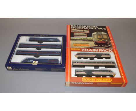 OO Gauge. 3 x Train packs. Hornby R.687 BR 3 car DMU BR green, Hornby R.397 BR Intercity HST & Lima GNER HST. All VG boxed.