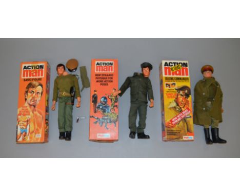 Palitoy Action Man: Talking Commander with box, brown flock hair and Eagle eyes, head detached; two Basic Figures with boxes,