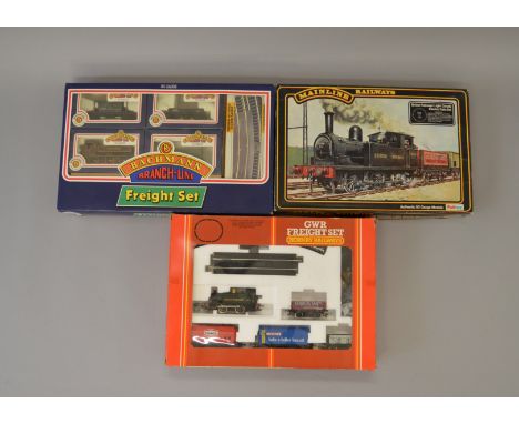 OO Gauge. 3 x train sets. Hornby GWR freight set, Mainline BR light goods & Bachmann LT freight set. All VG boxed.
