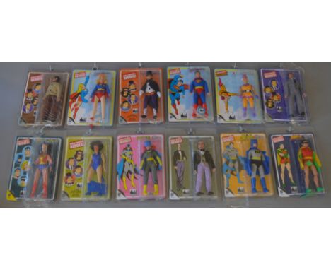 12 x Figures Toy Co World's Greatest Heroes/Villain Mego style retro action figures: Dick Grayson; Penguin; Robin with remova