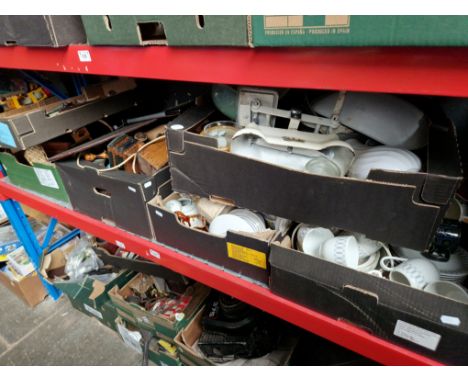 6 boxes of kitchenalia, pottery, scales, cutlery etc 