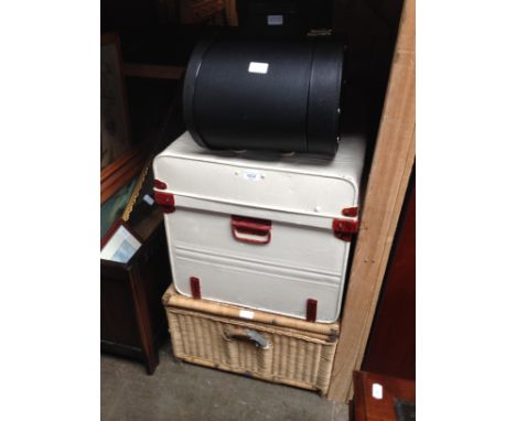 A large wicker basket, 90cm x 53cm x 36cm, a vintage steel trunk 76cm x 52cm x 47cm 'The Doncaster' Jones bros Wolverhampton,