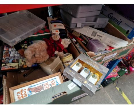 A box of tools including Power Devil cordless drill, and a box of misc including soft toy, pottery etc 
