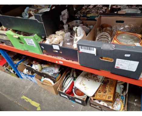 10 boxes of misc. to include various ceramics and glass, pictures, lamp, vintage telephone and sewing box etc. 