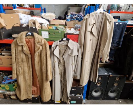 A vintage faux fur coat, two vintage macs and a selection of ties. 