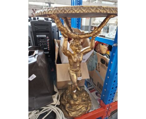 A box of glass ware including oil lamp and a composite table, gilt painted boy holding tray 