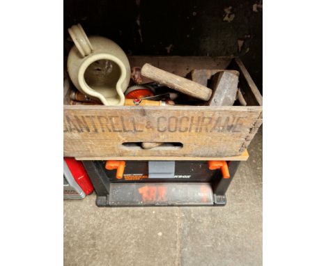 A Black &amp; Decker Workmate Workbox and contents and a wooden box containing hand tools, chisels, brace &amp; bit drill , m