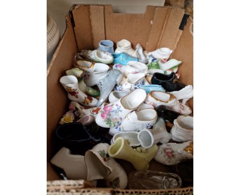 A box of ceramic shoes to include Royal Albert Old Country Roses, Paragon and Royal Stafford etc 