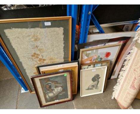 Various pictures and prints to include original works, a lithograph depicting a cat fishing, a photographic print of Venice, 