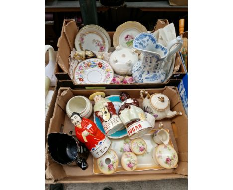 2 boxes of china including a Sadler teapot, cream + sugar, fine porcelain plates and a large blue and white jug and 3 figural