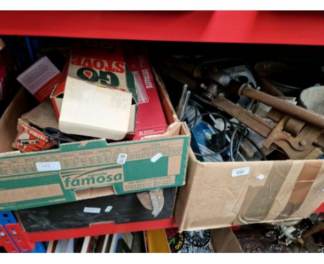 3 boxes of tools to include mitre saw, Black&amp; Decker Proline PL40 saw, boxed tilley lamp, Primus gas bottle, large G clam