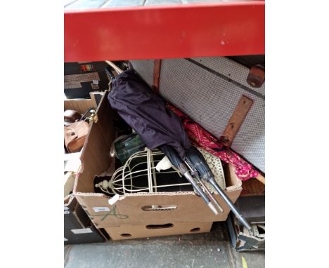 A mixed lot comprising vintage case, two vanity cases, three parasols, a vase, a birdcage and a telephone. 