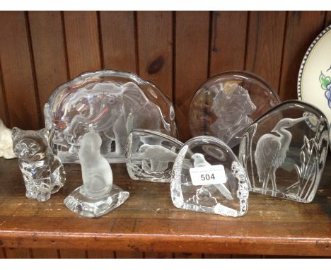 Lead crystal paperweight blocks including a vintage musician portrait by Rune Strand for Hovmantorp (Sweden) and others by We
