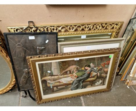 A mixed lot comprising two gilt framed mirrors, two prints, a needlework picture and a metal firescreen. 