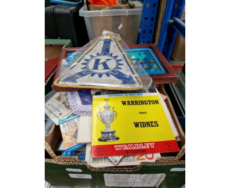 A box of sporting memorabilia including tickets, pennants etc 